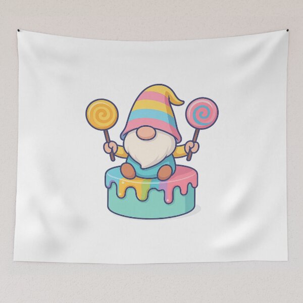 Item preview, Gnome with Lollipops on Rainbow Drip Cake – Cute Pastel Dessert Tee designed and sold by PrintCreations9.