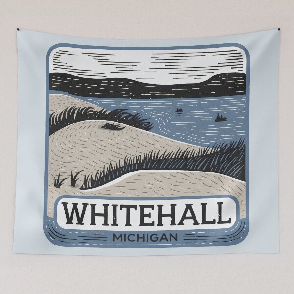 Item preview, Whitehall Michigan Vintage Woodcut Style Dune Art designed and sold by TheOldMittenIllustrated.