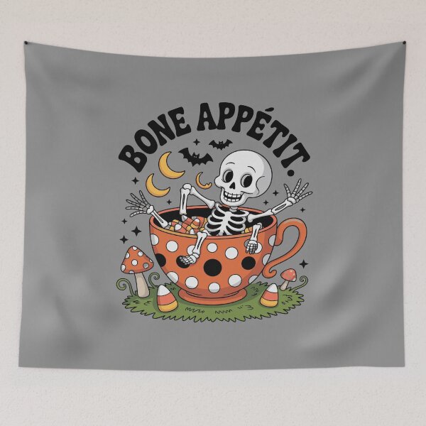 Item preview, Teacup of Enchanted Bones: A whimsical Halloween scene where a skeleton luxuriates in a massive teacup designed and sold by Grang Art Artistic Designs.