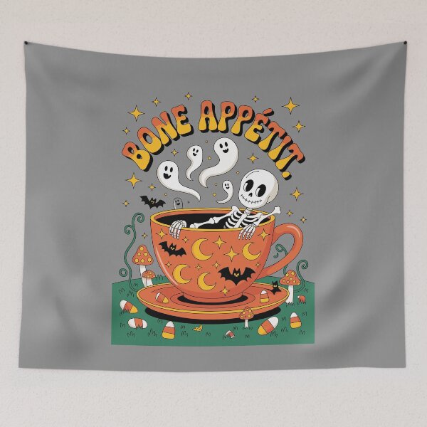 Item preview, Teacup of Whimsical Whispers: A whimsical Halloween scene where a skeleton luxuriates in a massive teacup designed and sold by Grang Art Artistic Designs.