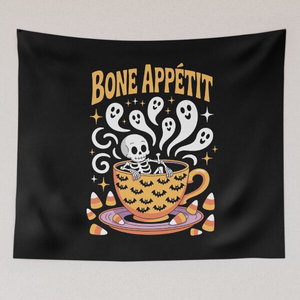 Item preview, Bone-a-fide Tea-Time: A whimsical Halloween scene where a skeleton luxuriates in a massive teacup designed and sold by Grang Art Artistic Designs.