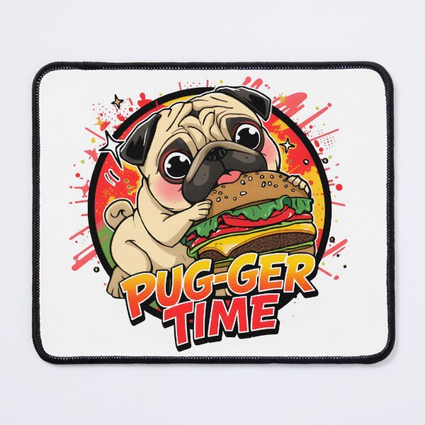 Item preview, Pug-ger Time – Funny Kawaii Chibi Pug Eating Burger Shirt Design designed and sold by Snackwear Apparel.
