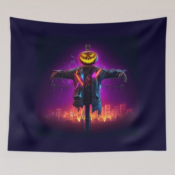 Item preview, Cyberpunk Scarecrow Pumpkin Halloween Neon Wall Art designed and sold by STITCHDROID.