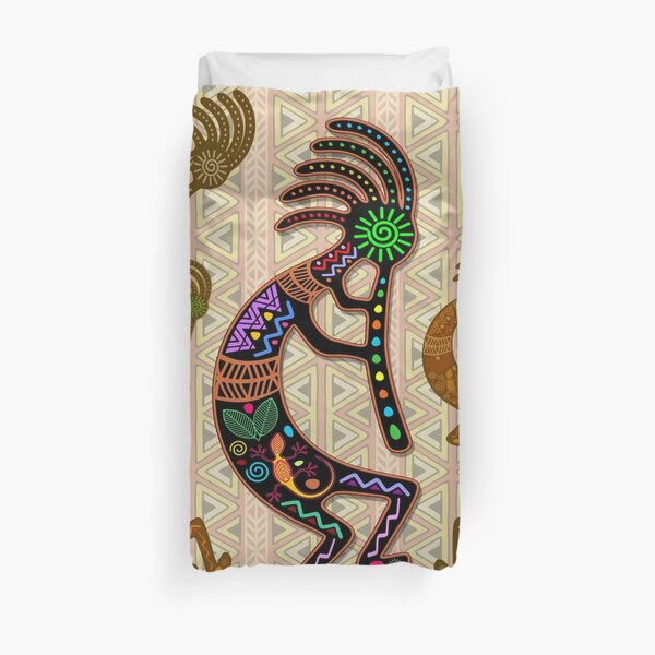 Kokopelli Rainbow Colors on Tribal Pattern Duvet Cover