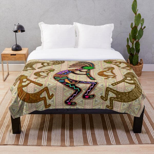 Kokopelli Rainbow Colors on Tribal Pattern Throw Blanket