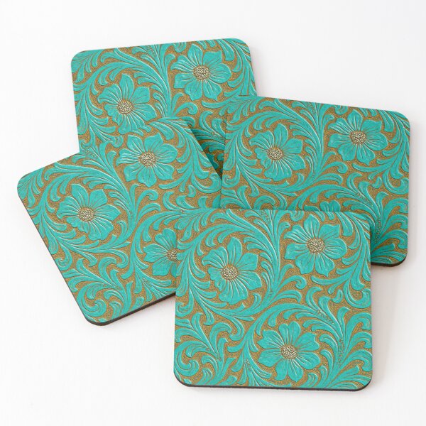 Item preview, Turquoise Tooled Leather Floral Pattern – Western Cowboy Design designed and sold by PixelExpressStudio.