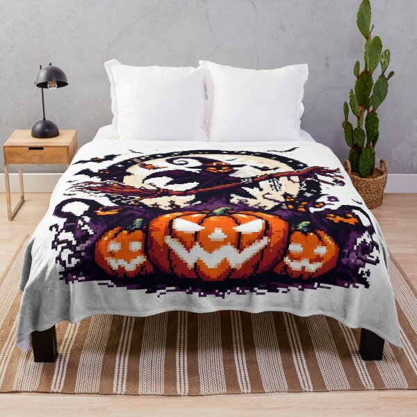 Item preview, 8-Bit Pixel Art Halloween Witch with Pumpkins and Bats. designed and sold by The-T-In-Retro.