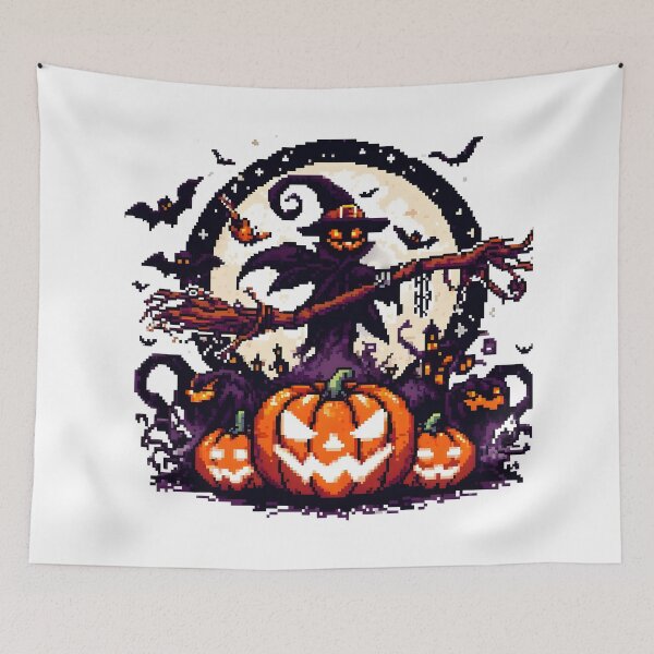 Item preview, 8-Bit Pixel Art Halloween Witch with Pumpkins and Bats. designed and sold by The-T-In-Retro.