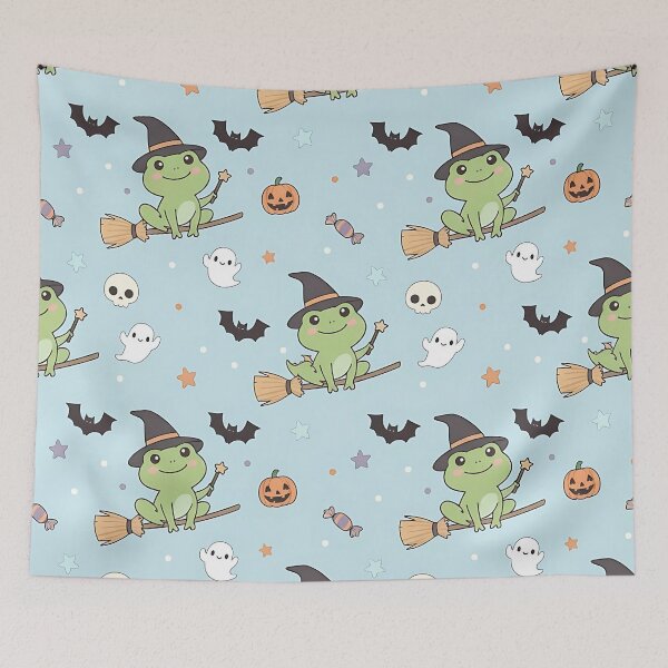 Item preview, Cute Halloween Witch Frog Pattern with Pumpkins Ghosts and Bats designed and sold by ArtDesignTp.