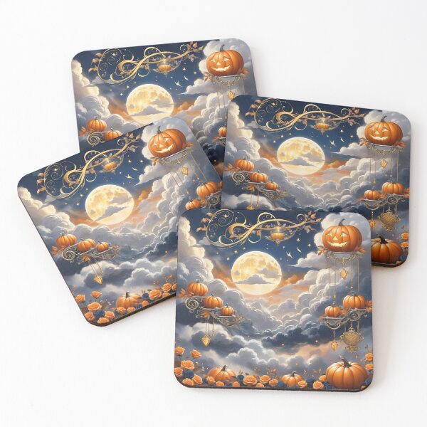 Item preview, Full Moon And Gray Clouds With Pumpkins On Metal Stands designed and sold by Melantari Vizuns.