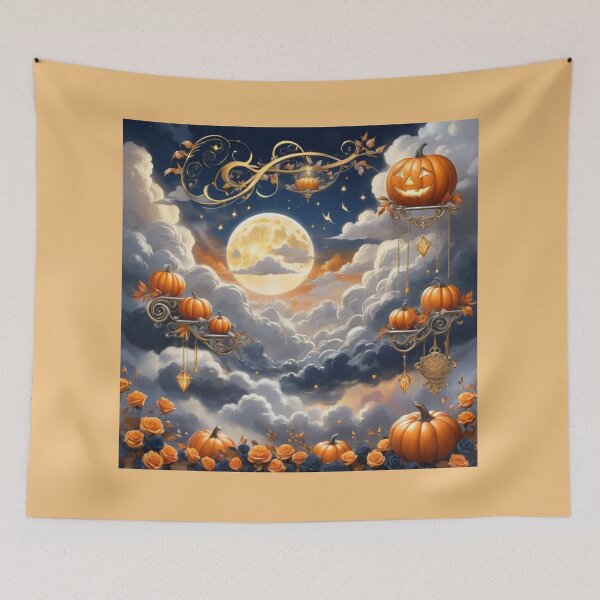 Item preview, Full Moon And Gray Clouds With Pumpkins On Metal Stands designed and sold by Melantari Vizuns.