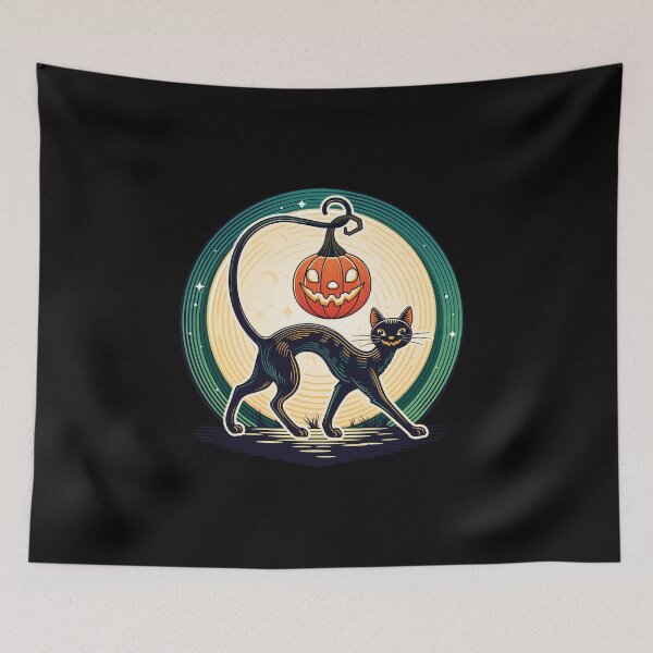 Item preview, Halloween Decor: Smiling Black Cat with Glowing Gourd Tail designed and sold by PawDrama.