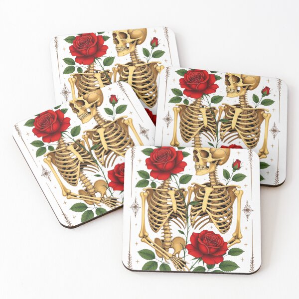 Item preview, Skeletons hold red roses under a starry night sky in a striking art piece celebrating love and mortality designed and sold by SpaceartLilu.