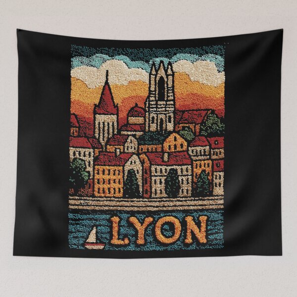 Item preview, Lyon France Old Town Poster | Retro Embroidered Folk Art designed and sold by TuncGK.