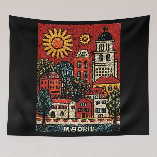 Item preview, Madrid Spain Plaza Poster | Sunny Embroidered Folk Art designed and sold by TuncGK.