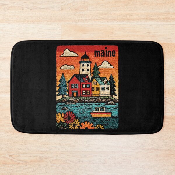 Item preview, Maine Coastal Town Poster | New England Folk Art designed and sold by TuncGK.