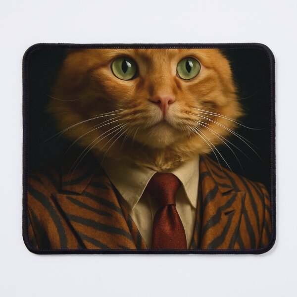 Item preview, Orange cat wearing tiger striped suit, red tie, wearing elegant glasses, black background. designed and sold by evanurozi.