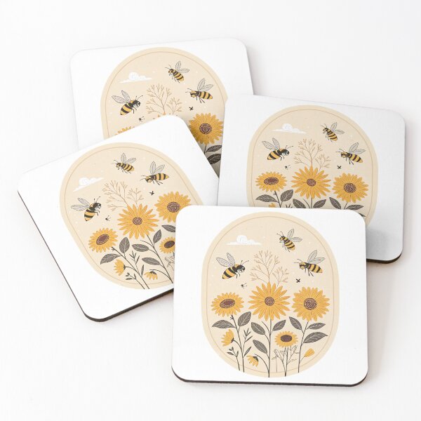Item preview, Minimalist Botanical Illustration – Bees Flying Around Sunflowers in Oval designed and sold by Vive con Fe.