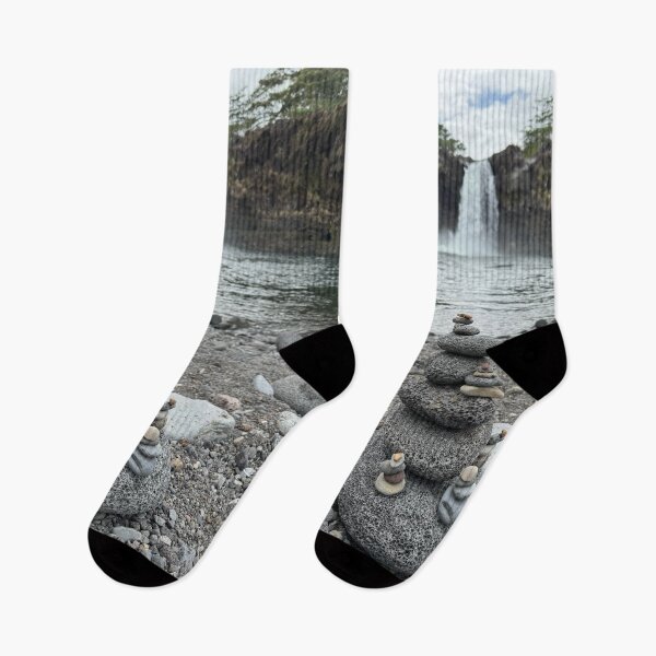 Item preview, Stacked stones with twin waterfalls in the background designed and sold by TrisaThyme.