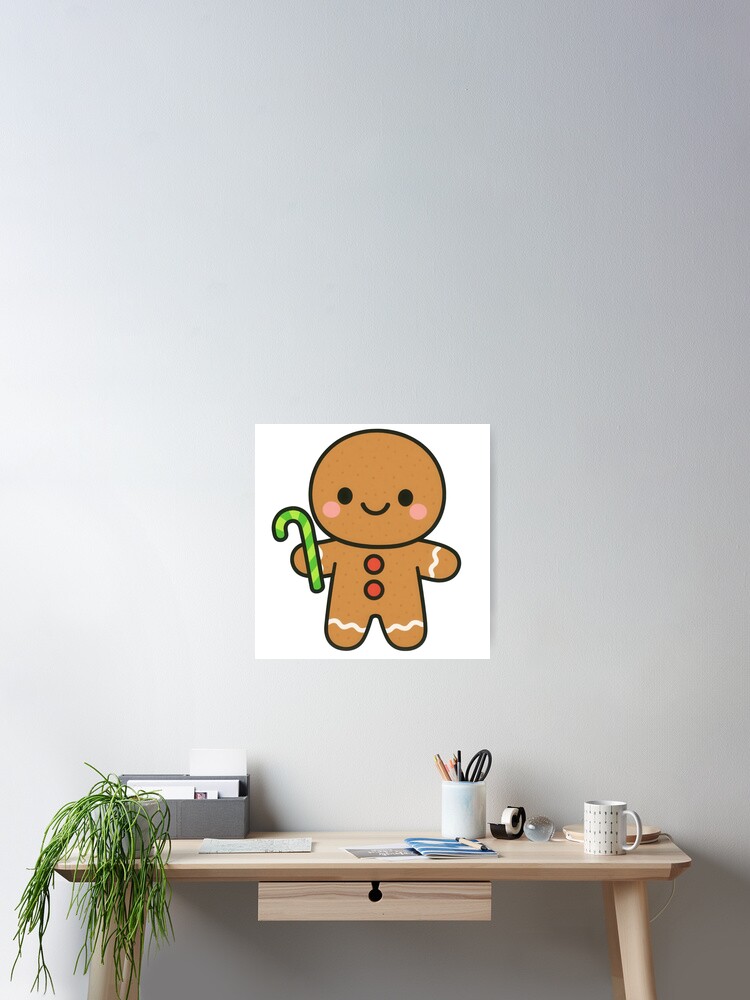 Cute gingerbread man cartoon holding candy cane Poster