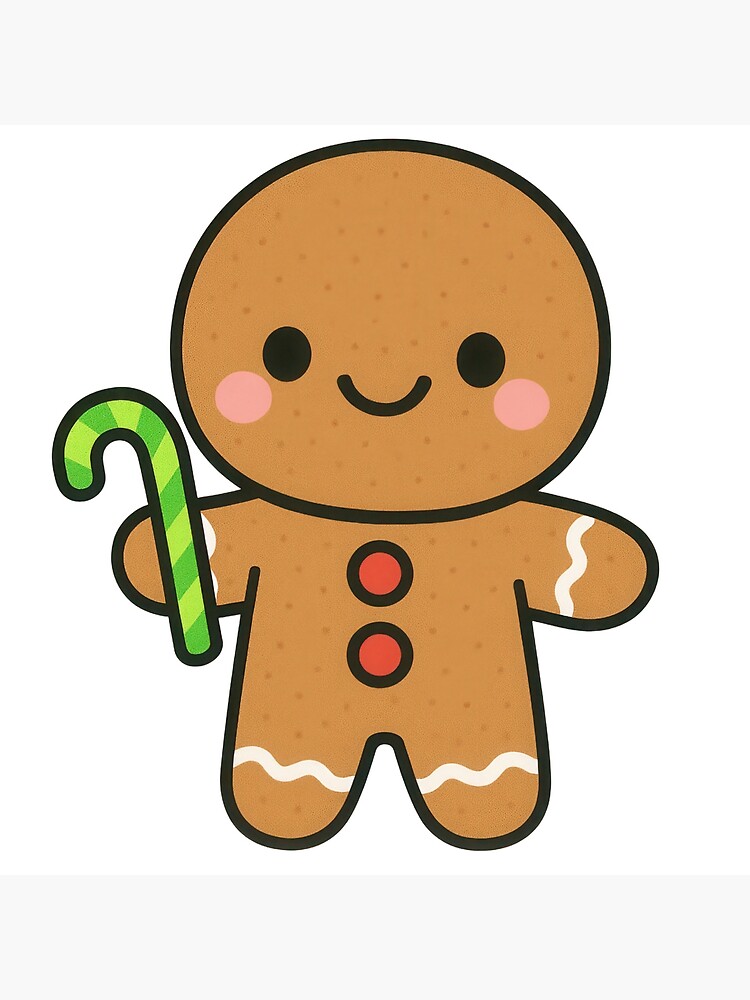 Cute gingerbread man cartoon holding candy cane Poster