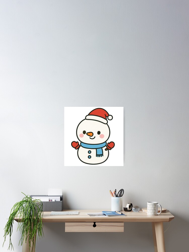 Cute cartoon snowman with Santa hat and scarf Poster