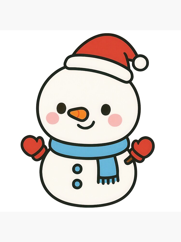 Cute cartoon snowman with Santa hat and scarf Poster