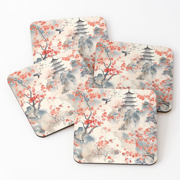 Item preview, Sakura Pagoda Watercolor Japanese Ink Painting Tranquil Wall Art designed and sold by Everyonechoise.