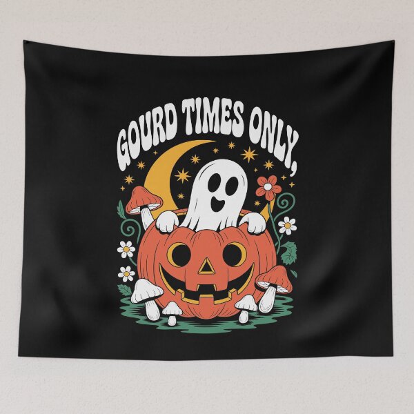 Item preview, Copy of Gourd Times Only: A retro-style illustration. A cheeky ghost with a wide grin pops out of a carved jack-o'-lantern. For the Halloween festivities. designed and sold by Grang Art Artistic Designs.
