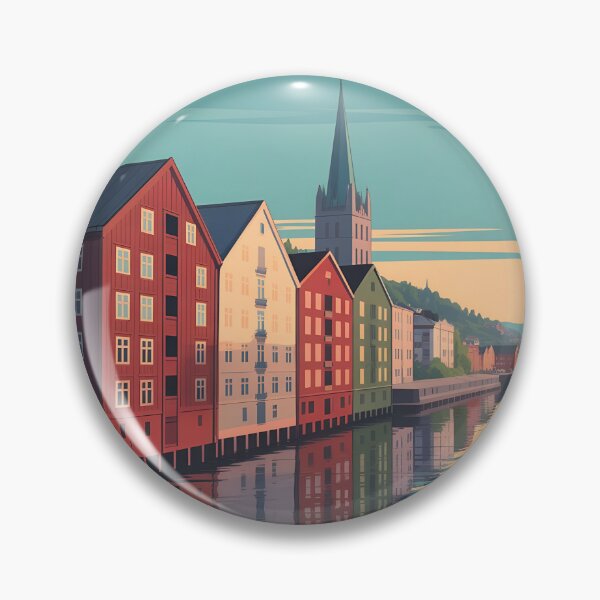 Artikelvorschau, Trondheim Norwegen Waterfront Poster – Retro Skandinavische Reisekunst entworfen und verkauft von VividOrganica.