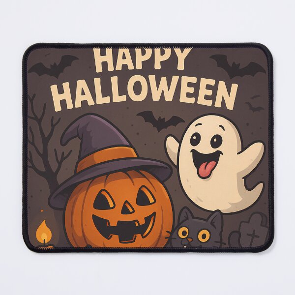 Item preview, Funny Halloween Cartoon | Cute Pumpkin, Ghost & Black Cat Illustration | Spooky Kawaii Wall Art designed and sold by Aurora Prints.