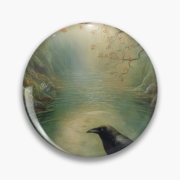 Item preview, Crow, Rook Raven surreal folklore scene of a dark woodland pond that curves inward designed and sold by thewandswant.