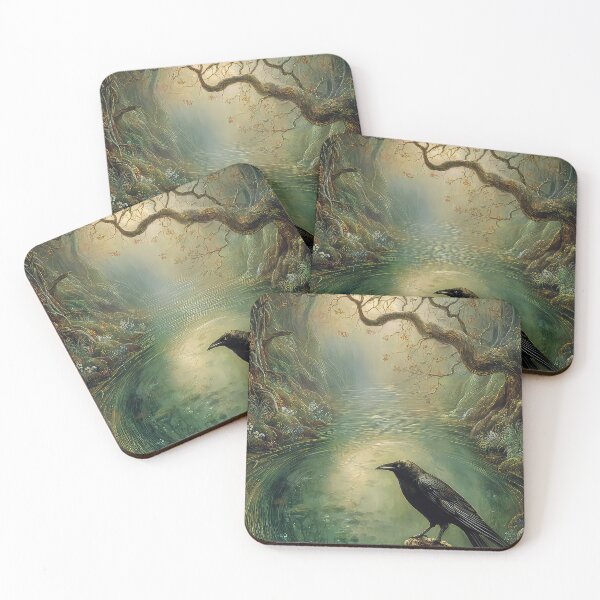 Item preview, Crow, Rook Raven surreal folklore scene of a dark woodland pond that curves inward designed and sold by thewandswant.