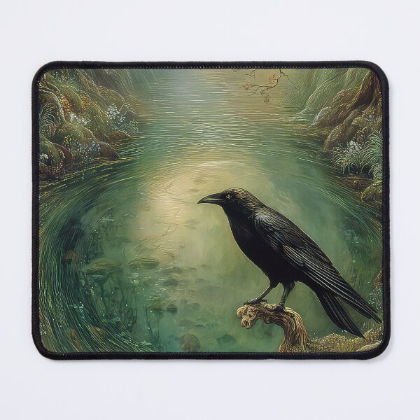Item preview, Crow, Rook Raven surreal folklore scene of a dark woodland pond that curves inward designed and sold by thewandswant.