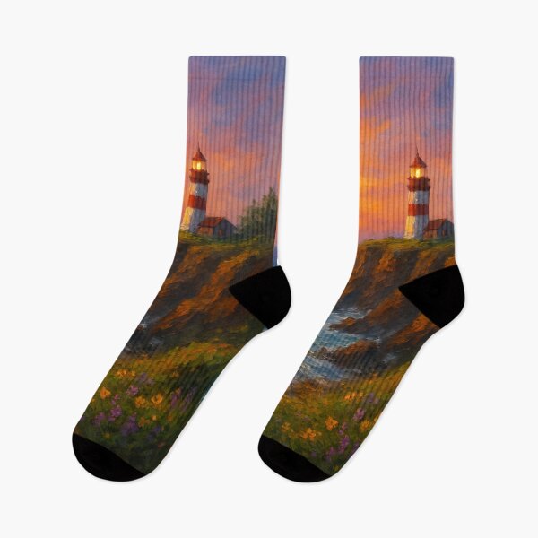 Item preview, Coastal Cliff at Sunset – Lighthouse, Ocean Waves & Wildflowers designed and sold by Syrupulse.
