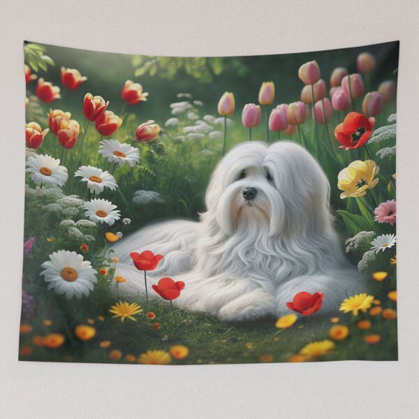 Item preview, Fluffy Coton de Tulear Dog  in a Flower Garden designed and sold by Wags & Tails.