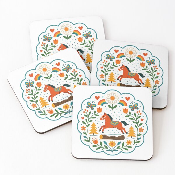 Item preview, Galloping Dala Horse with Rainbow and Sunflower – Scandinavian Folk Art by heidiannemorris © designed and sold by FOLK ART FUSION by heidiannemorris.
