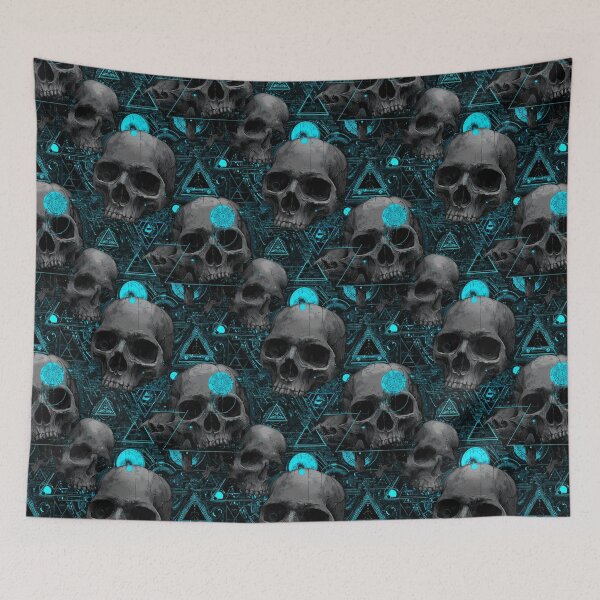 Item preview, Seamless pattern with skulls and geometric symbols – Dark cyber occult aesthetic designed and sold by Meiersbeste.