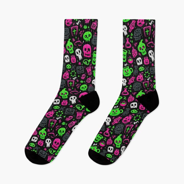 Item preview, Neon Halloween pattern with glowing skulls and poison bottles – Colorful doodle design designed and sold by Meiersbeste.