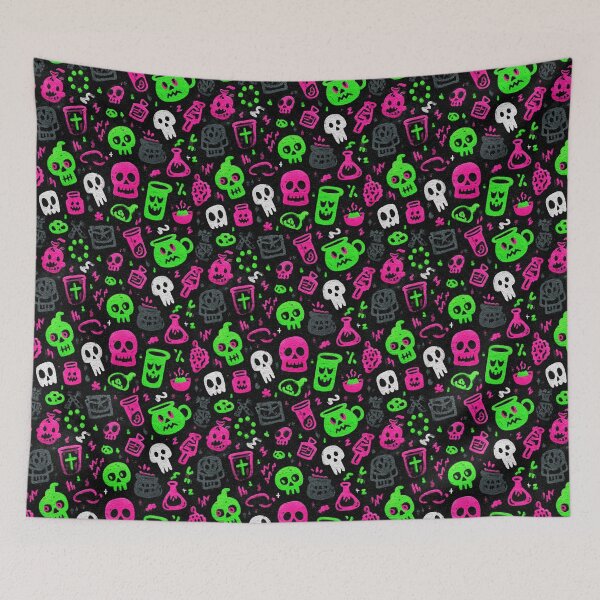 Item preview, Neon Halloween pattern with glowing skulls and poison bottles – Colorful doodle design designed and sold by Meiersbeste.