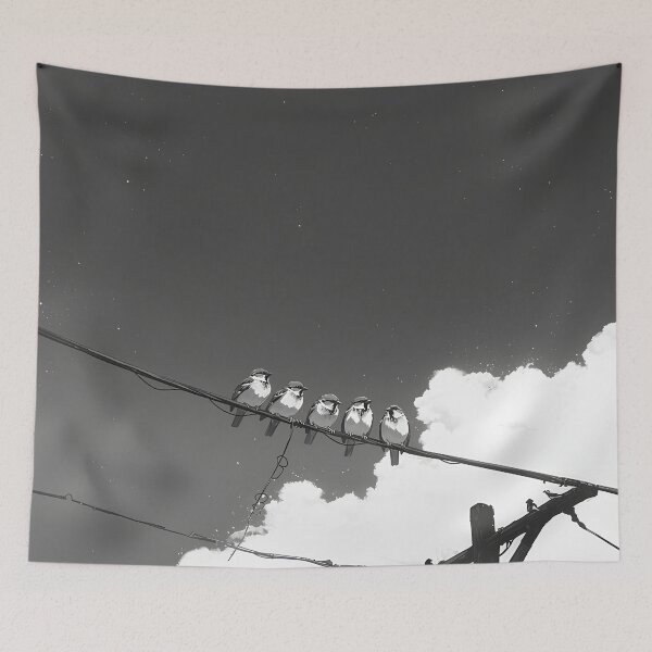 Item preview, Sparrow on Power Line – Black and White Photorealistic Bird Art Print designed and sold by Windy-market.