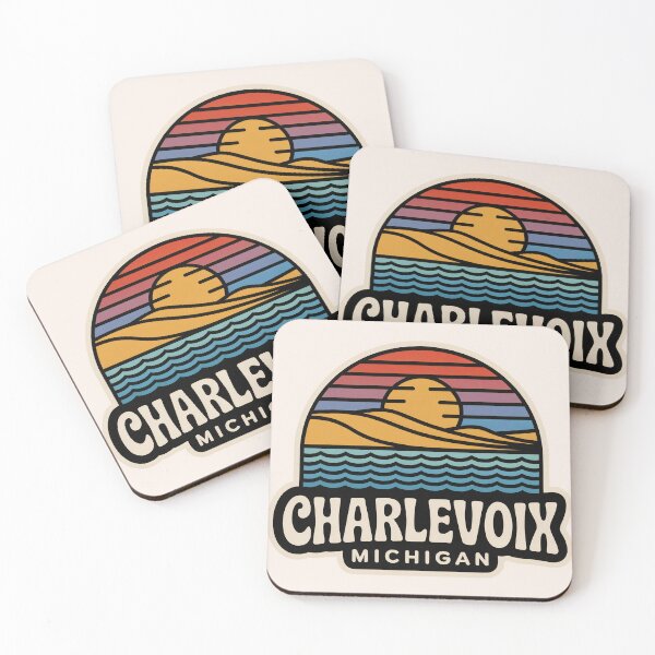 Item preview, Charlevoix Michigan Retro Sunset Beach Emblem designed and sold by TheOldMittenIllustrated.