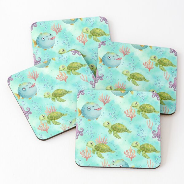 Item preview, Cute Ocean Watercolor Pattern – Funny Fish, Turtles & Octopuses with Bubbles | Whimsical Sea Life Seamless Design designed and sold by skysshobu.