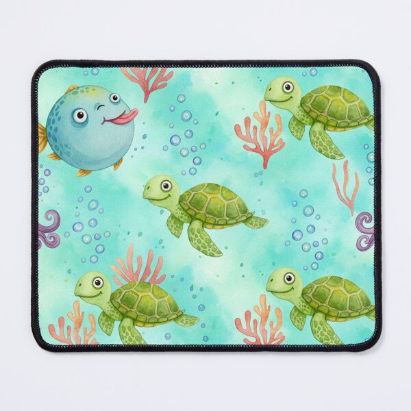 Item preview, Cute Ocean Watercolor Pattern – Funny Fish, Turtles & Octopuses with Bubbles | Whimsical Sea Life Seamless Design designed and sold by skysshobu.