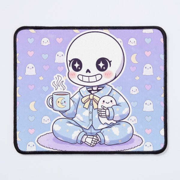 Item preview, Kawaii Skeleton in Pajamas with Ghost Plush and Coffee – Cute Cozy Pastel Spooky Art designed and sold by Kawaii Nest.