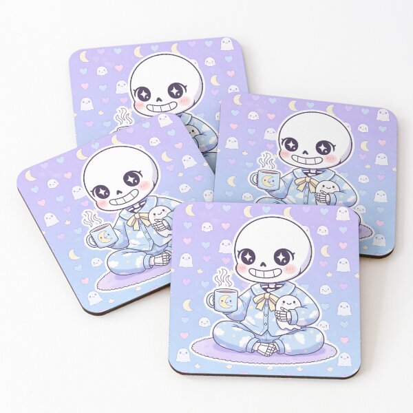Item preview, Kawaii Skeleton in Pajamas with Ghost Plush and Coffee – Cute Cozy Pastel Spooky Art designed and sold by Kawaii Nest.