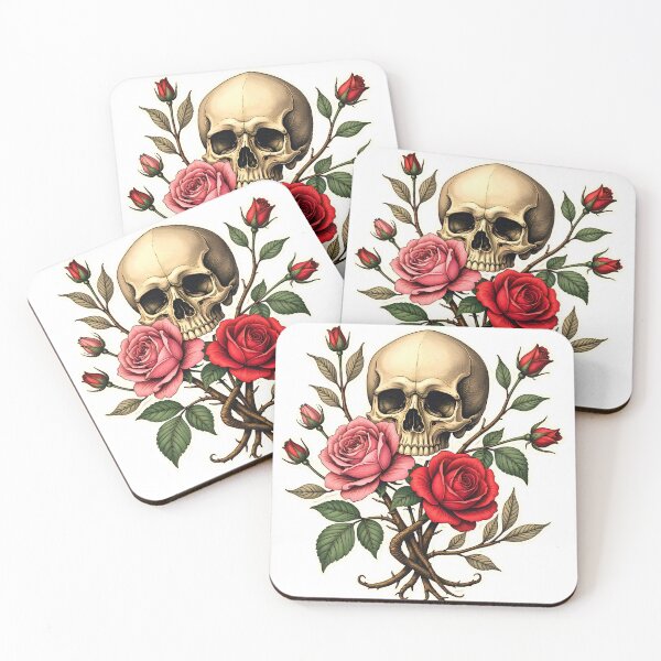 Item preview, Artistic composition of a skull surrounded by pink and red roses with intertwining branches displaying life and death themes designed and sold by SpaceartLilu.