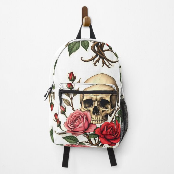 Item preview, Artistic composition of a skull surrounded by pink and red roses with intertwining branches displaying life and death themes designed and sold by SpaceartLilu.