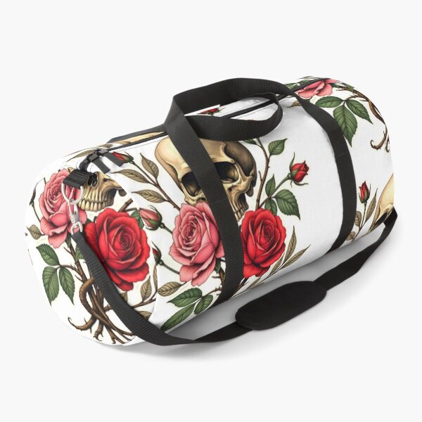 Item preview, Artistic composition of a skull surrounded by pink and red roses with intertwining branches displaying life and death themes designed and sold by SpaceartLilu.
