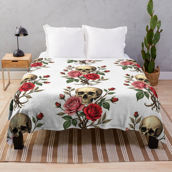 Item preview, Artistic composition of a skull surrounded by pink and red roses with intertwining branches displaying life and death themes designed and sold by SpaceartLilu.